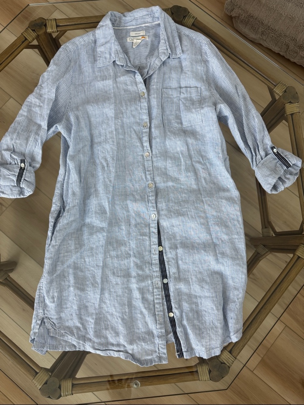 Linen Light Blue & White Striped Button-Front Tunic